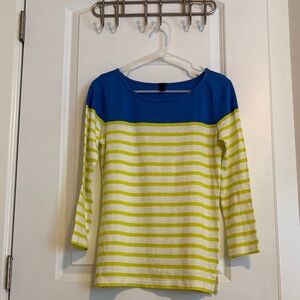 J. Crew Blue and Lime Striped Boatneck Top